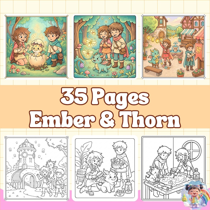 May include: A 35-page coloring book titled Ember & Thorn featuring illustrations of two children and a small dragon. The pages include colored examples and black-and-white line art showing the characters in a forest, a village, and a castle.