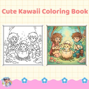 May include: A Cute Kawaii Coloring Book featuring two children kneeling in a forest, observing a small dragon hatching from an egg. The image displays a black and white line art version alongside a full-color version of the same scene.