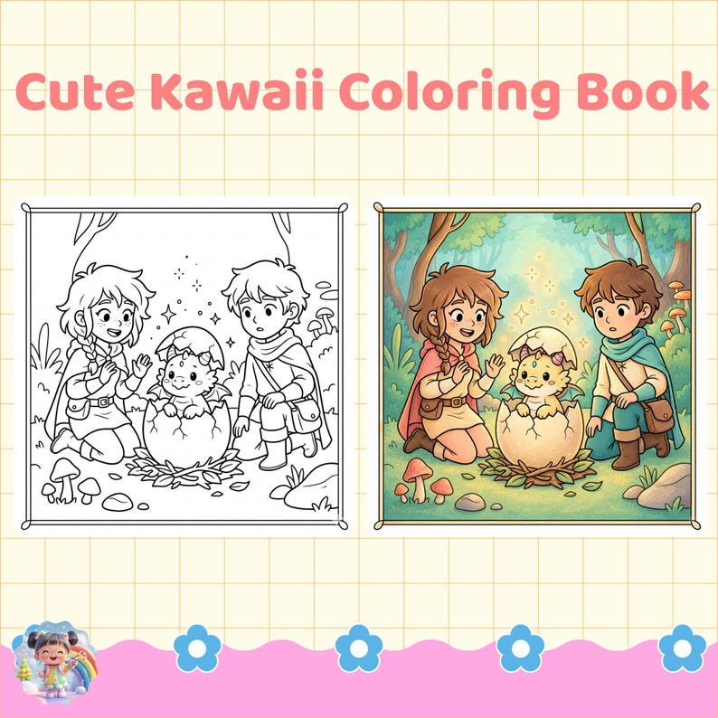 May include: A Cute Kawaii Coloring Book featuring two children kneeling in a forest, observing a small dragon hatching from an egg. The image displays a black and white line art version alongside a full-color version of the same scene.