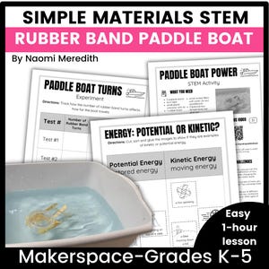 May include: Image of a STEM activity titled "SIMPLE MATERIALS STEM RUBBER BAND PADDLE BOAT". It features instructions for a paddle boat experiment, a boat in water, and a lesson plan for grades K-5.