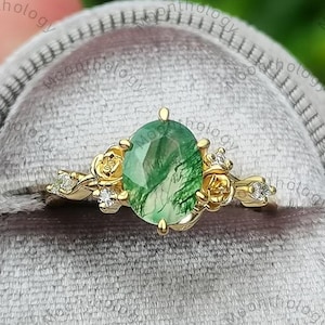 Nature inspired oval cut moss agate engagement ring danity rose design wedding ring moissanite cluster handmake rings for women