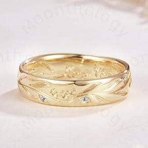 5mm Lily of the Valley Gold Wedding Band, May Birth Flower Handmake Engraving Ring, Nature Inspired Floral Wedding Ring, his and her ring