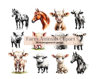 Watercolor Farm Animals Clipart: Realistic PNG Stickers (Digital Download