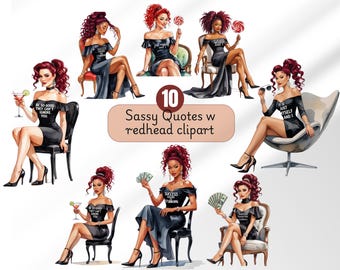 Girl Boss Clipart: Redhead Fashion Woman PNG Stickers (Digital Download)