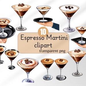Könnte beinhalten: Aquarell-Illustration von zehn Espresso-Martinis in eleganten Gläsern, einige mit Kaffeebohnen garniert. Der Text "10 Espresso Martini clipart transparent png" ist enthalten.