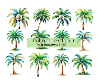 Watercolor Palm Tree Clipart Bundle: Tropical Island PNG Stickers (Digital Download