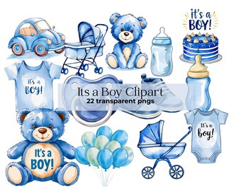 Gender reveal clipart boy babyshower clipart bundle It's a boy clipart baby boy birthday png blue gender reveal party digital sticker