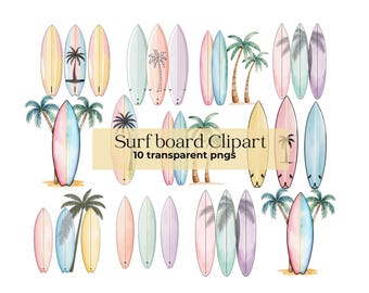 Pastel color Surfboard clipart surfboard digital sticker watercolor surfboard png island png beach clipart palm trees digital sticker