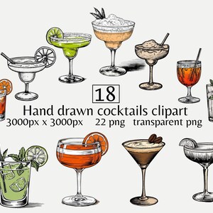 Könnte beinhalten: Ein Set mit 18 handgezeichneten Cocktail-Illustrationen. Die Illustrationen sind in Schwarzweiß gehalten und zeigen verschiedene Cocktails, darunter Margaritas, Daiquiris und Martinis.