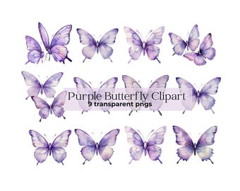 Watercolor Butterfly Clipart: Pastel Purple Digital Stickers (PNG Download)