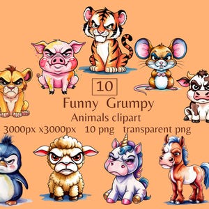 Grumpy animal clipart funny zoo digital sticker quirky animals clipart watercolor angry baby animals digital sticker nursery animal clipart