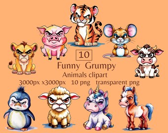 Grumpy animal clipart funny zoo digital sticker quirky animals clipart watercolor angry baby animals digital sticker nursery animal clipart