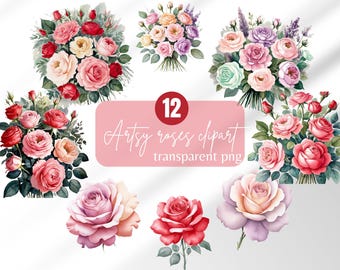 Watercolor rose clipart pastel color floral clipart pink and red roses png rose bouquet clipart artsy roses digital sticker