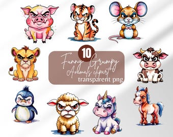 Grumpy animal clipart funny zoo digital sticker quirky animals clipart watercolor angry baby animals digital sticker babyshower clipart