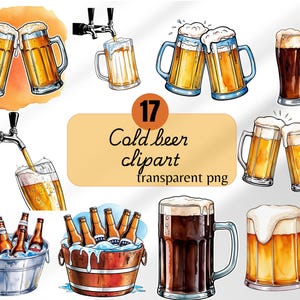 May include: A set of 17 watercolor illustrations of cold beer in various styles, including mugs, bottles, and a tap. The illustrations are in a cartoon style and feature a variety of colors, including yellow, brown, and white.