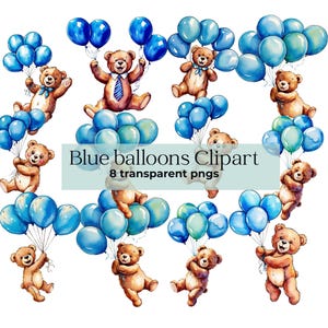 Teddy bear clipart blue balloons clipart birthday clipart Gender reveal clipart watercolor teddy bear png baby boy birthday digital sticker