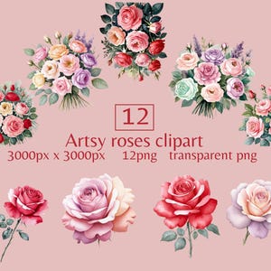 Watercolor rose clipart pastel color floral clipart pink and red roses png rose bouquet clipart artsy roses digital sticker