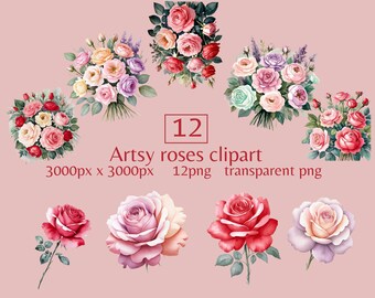 Watercolor rose clipart pastel color floral clipart pink and red roses png rose bouquet clipart artsy roses digital sticker