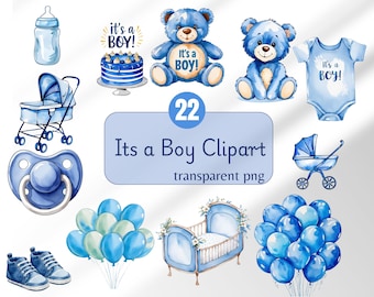 Gender reveal clipart boy babyshower clipart bundle It's a boy clipart baby boy birthday png blue gender reveal party digital sticker