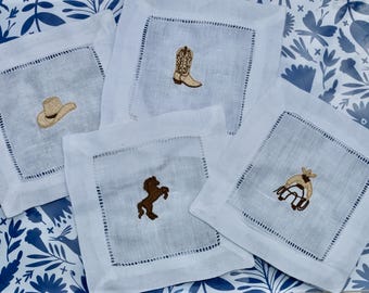 Embroidered Linen Cocktail Napkins – Western Boot, Hat, Horse, & Cowboy Design