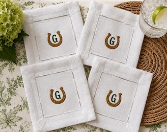 Personalized Horseshoe Linen Cocktail Napkins | Monogrammed Set of 4