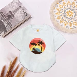 Tropical Island Baby Romper, Vintage Sunset Summer Outfit, Colorful Palm Tree Baby Clothes, Beach theme, Summer Vacation Outfit Gifts