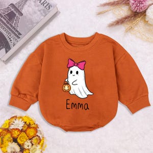 Personalized Name Ghost Halloween Baby Girl Romper, Coquette Bow Spooky Season, Fall Pumpkin Outfit for Girl, Fall Spooky Baby Bodysuit Gift