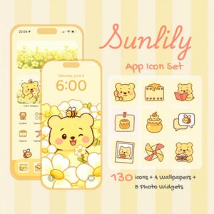 K&ouml;nnte beinhalten: Ein gelbes App-Icon-Set mit B&auml;ren-Thema, mit einem Telefon-Display mit einem B&auml;ren- und Blumen-Hintergrundbild. Das Set enth&auml;lt 130 Icons, 4 Hintergrundbilder und 8 Foto-Widgets. Der Text "Sunlily App Icon Set" wird angezeigt.