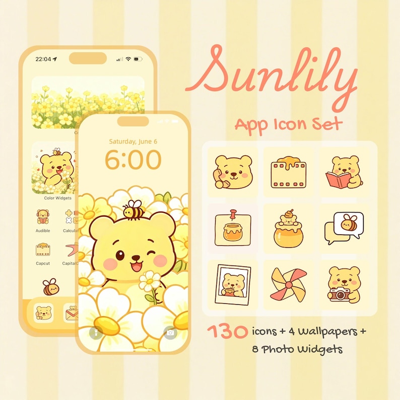 K&ouml;nnte beinhalten: Ein gelbes App-Icon-Set mit B&auml;ren-Thema, mit einem Telefon-Display mit einem B&auml;ren- und Blumen-Hintergrundbild. Das Set enth&auml;lt 130 Icons, 4 Hintergrundbilder und 8 Foto-Widgets. Der Text "Sunlily App Icon Set" wird angezeigt.