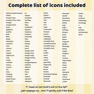 K&ouml;nnte beinhalten: Auf cremefarbenem Hintergrund wird eine Liste von App-Symbolen angezeigt, darunter Amazon, Netflix und Instagram. Der Text oben lautet "Komplette Liste der enthaltenen Symbole". Unten steht: "Ben&ouml;tigen Sie ein Symbol, das nicht auf der Liste steht?"