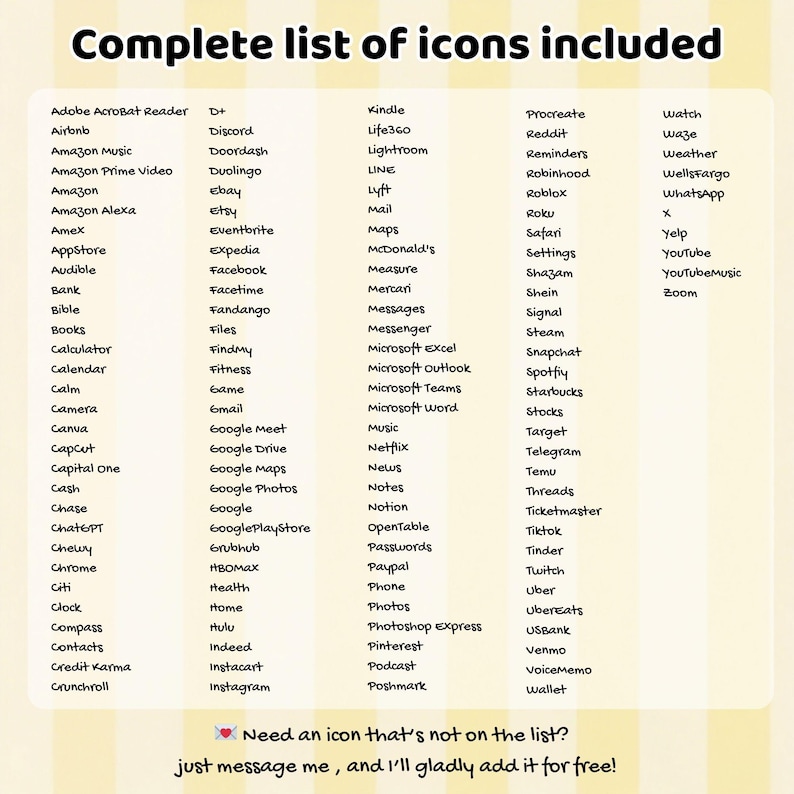 K&ouml;nnte beinhalten: Auf cremefarbenem Hintergrund wird eine Liste von App-Symbolen angezeigt, darunter Amazon, Netflix und Instagram. Der Text oben lautet "Komplette Liste der enthaltenen Symbole". Unten steht: "Ben&ouml;tigen Sie ein Symbol, das nicht auf der Liste steht?"