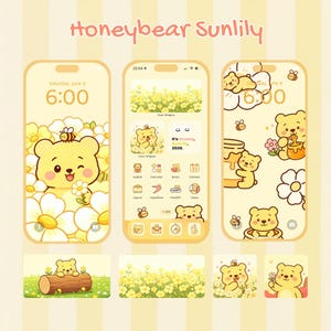 K&ouml;nnte beinhalten: Digitale Illustration eines gelben B&auml;rencharakters mit einer Biene, Blumen und Honigt&ouml;pfen. Das Bild enth&auml;lt Handy-Bildschirm-Mockups mit dem Text "Honeybear Sunlily" und "Saturday, June 6, 6:00".