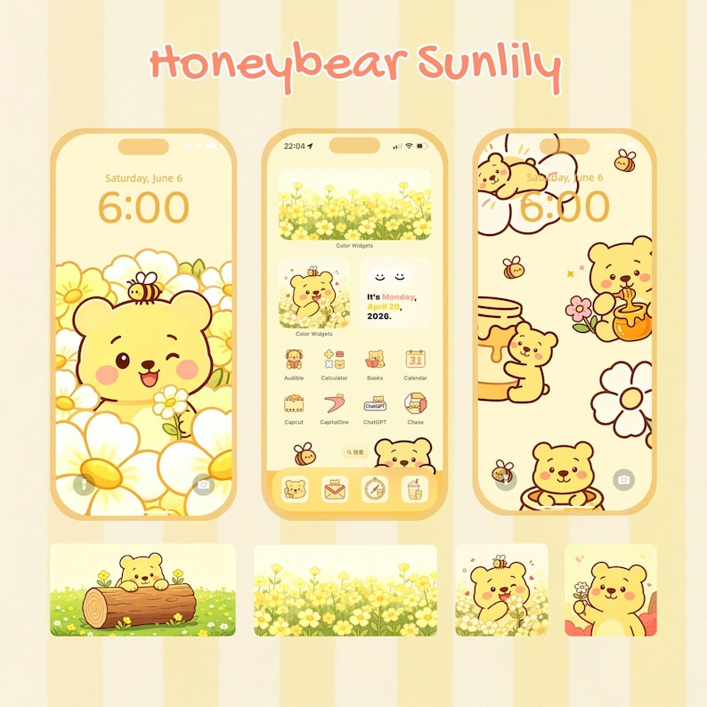 K&ouml;nnte beinhalten: Digitale Illustration eines gelben B&auml;rencharakters mit einer Biene, Blumen und Honigt&ouml;pfen. Das Bild enth&auml;lt Handy-Bildschirm-Mockups mit dem Text "Honeybear Sunlily" und "Saturday, June 6, 6:00".