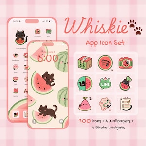 App Icons for iOS & Android | Watermelon Whiskers Kawaii Icon Pack | 100 Icons + 4 Wallpapers + 4 Widgets | Aesthetic iPhone Icon Set