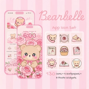 May include: A pink app icon set with a cute bear theme. The set includes 130 icons, 4 wallpapers, and 8 photo widgets. The phone displays a bear character surrounded by pink roses. The text "Bearbelle" and "App Icon Set" are also visible.