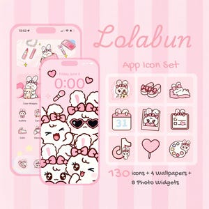 Könnte beinhalten: Rosa App-Icon-Set mit Hasen-Thema, mit 130 Icons, 4 Hintergrundbildern und 8 Foto-Widgets. Das Set enthält verschiedene Symbole, wie Schuhe, einen Kalender und eine Musiknote. Das Wort "Lolabun" ist in einer Schreibschrift geschrieben.