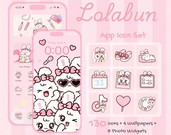Lolabun Pink Bunny iOS & Android App Icons | Cute Kawaii Aesthetic Icon Pack | Pastel Makeup Room Theme App Icons + Wallpapers + Widgets