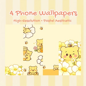 K&ouml;nnte beinhalten: Vier Handy-Hintergr&uuml;nde mit einer Pastell&auml;sthetik. Die Hintergrundbilder zeigen Cartoon-B&auml;ren, Bienen und Blumen in einem gelb-wei&szlig;en Farbschema. Der Text enth&auml;lt "High-Resolution" und "Pastel Aesthetic".