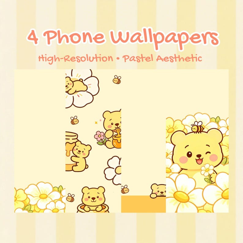 K&ouml;nnte beinhalten: Vier Handy-Hintergr&uuml;nde mit einer Pastell&auml;sthetik. Die Hintergrundbilder zeigen Cartoon-B&auml;ren, Bienen und Blumen in einem gelb-wei&szlig;en Farbschema. Der Text enth&auml;lt "High-Resolution" und "Pastel Aesthetic".