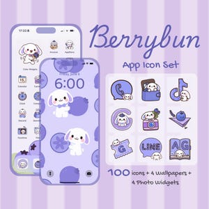 App Icons for iOS & Android | Kawaii Blueberry Bunny Theme Pack | 100 Cute Icons + 4 Wallpapers + 4 Widgets | Aesthetic iPhone Icon Set