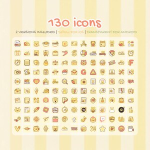 K&ouml;nnte beinhalten: Eine Sammlung von 130 gelben Icons mit B&auml;ren-Motiv, die verschiedene Apps darstellen. Der Text lautet "130 Icons" und "2 Versionen enthalten: Gelb f&uuml;r iOS | Transparent f&uuml;r Android". Der Hintergrund ist hellgelb.