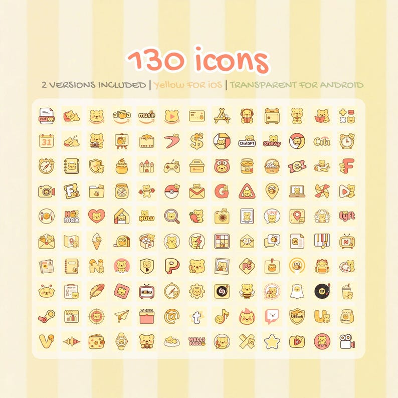 K&ouml;nnte beinhalten: Eine Sammlung von 130 gelben Icons mit B&auml;ren-Motiv, die verschiedene Apps darstellen. Der Text lautet "130 Icons" und "2 Versionen enthalten: Gelb f&uuml;r iOS | Transparent f&uuml;r Android". Der Hintergrund ist hellgelb.