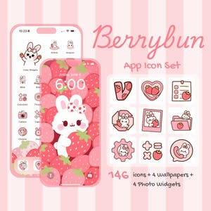Cute Strawberry Bunny iOS & Android App Icons | Pink Bunny Aesthetic Icon Pack | Kawaii iPhone App Icons + Wallpapers + Widgets