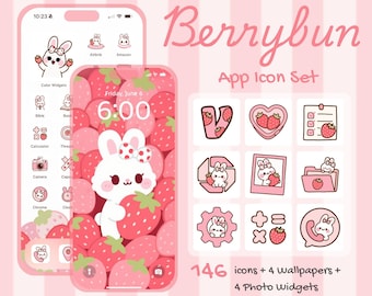 Niedliches Erdbeer Häschen iOS & Android App Icons | Pink Bunny Aesthetic Icon Pack | Niedliche iPhone App Icons + Wallpapers + Widgets