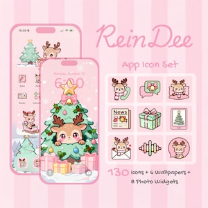 Op de afbeelding: Roze telefoonschermweergaven met een kerstthema, met een rendier en een kerstboom. De afbeelding bevat app-pictogrammen, achtergronden en widgets. Tekst luidt "Rein Dee App Icon Set" met 130 pictogrammen, 6 achtergronden en 8 fotowidgets.