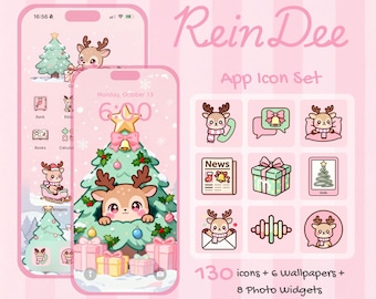 Reindee Christmas iOS & Android App Icons | Cute Pink Reindeer Aesthetic Holiday Icon Pack | Cozy Winter App Icons + Wallpapers + Widgets