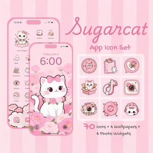 App Icons for iOS & Android | Pink Kawaii Cat Theme Pack | 70 Cute Icons + 4 Wallpapers + 4 Widgets | Aesthetic iPhone Icon Set