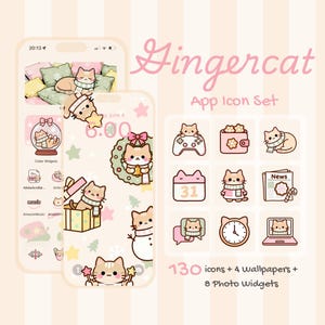 Op de afbeelding: Een digitale app-icoonset met een katten thema, met de tekst "Gingercat App Icon Set". De set bevat 130 iconen, 4 wallpapers en 8 foto widgets. De iconen en wallpapers tonen verschillende katten illustraties in een zacht, pastelkleurig palet.