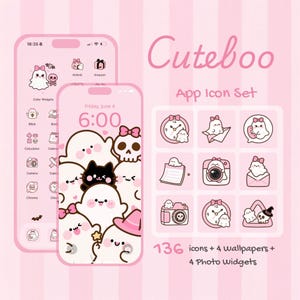Lindos íconos de Halloween para iOS y Android / Paquete de íconos estéticos de fantasmas rosas / Íconos de aplicaciones kawaii para iPhone + Fondos de pantalla + Widgets