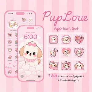 May include: Pink phone screen displays with a cute cartoon dog theme. The set includes app icons, wallpapers, and photo widgets. The text "Pup Love" and "App Icon Set" are visible. The image features a pink and white color scheme.